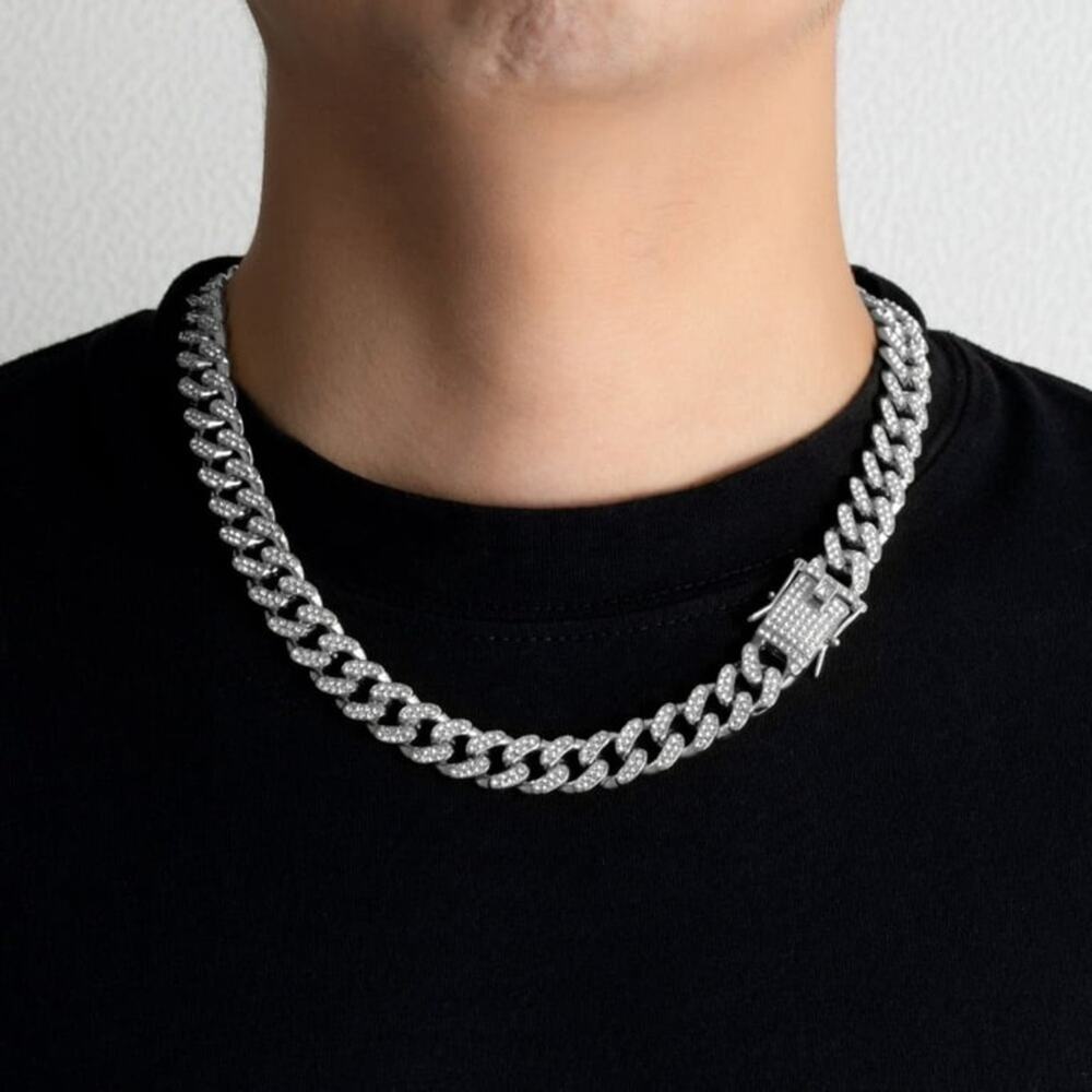 Silver Plated Rhinestone Cuban Link Chain Necklace